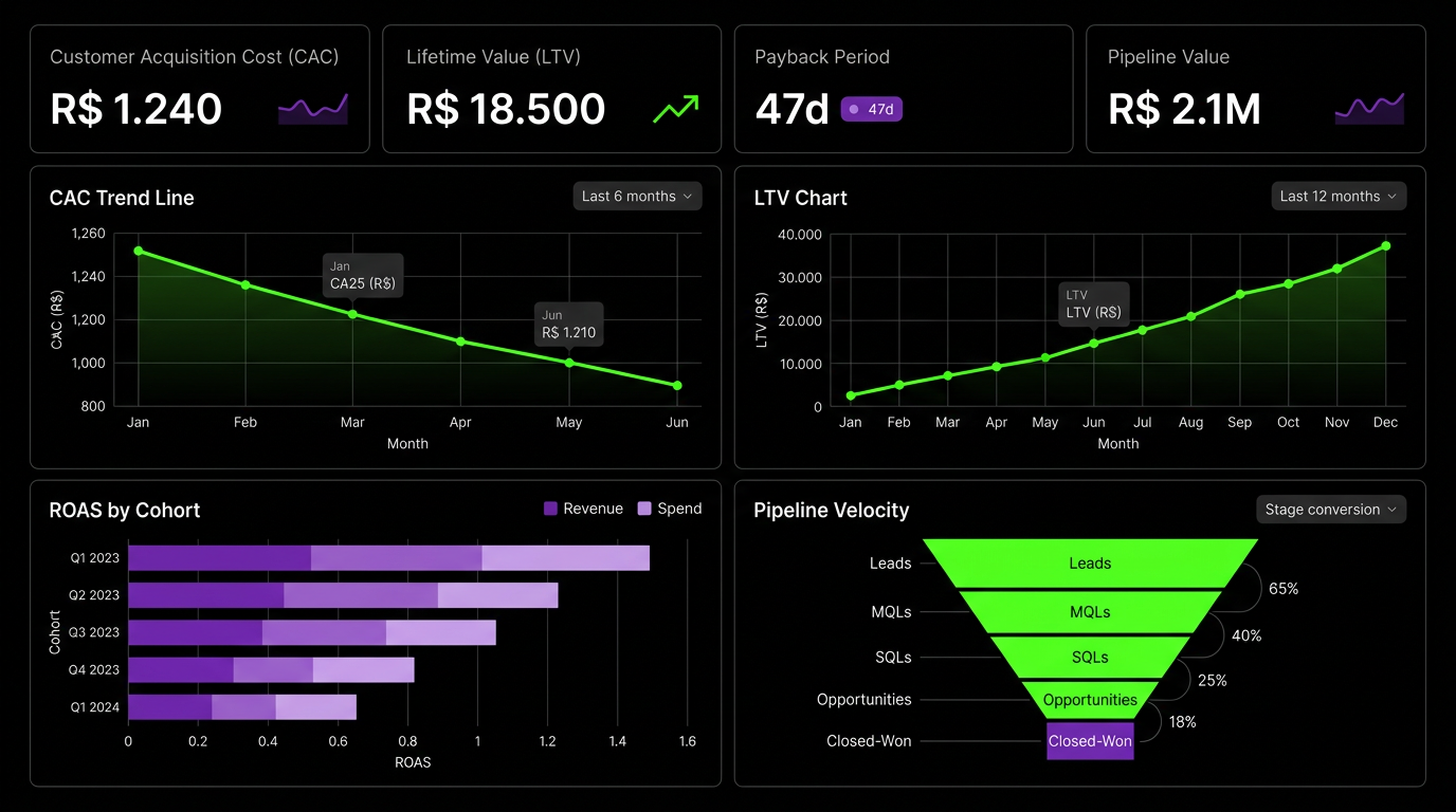 Dashboard de Unit Economics: CAC, LTV, Payback e Pipeline em tempo real