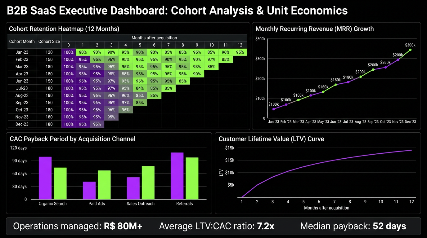Dashboard de análise de coorte mostrando LTV e payback por mês de aquisição